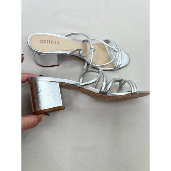 Schutz Silver Strappy Design Block Heel Open Toe Sandal Leather Womens Size 8.5B - Picture 3 of 13